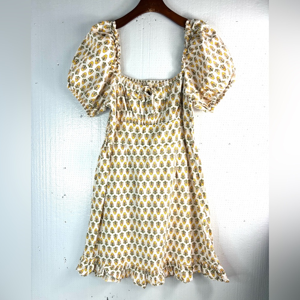 Dizzy Lizzy L Feminine Babydoll Boho Cotton Floral Puff Sleeve Mini Dress